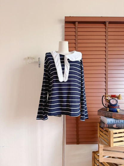 White Collar Stripe Navy Long Sleeve Top