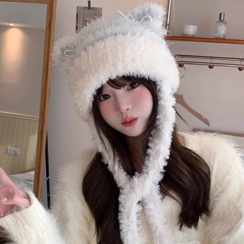 Fuzzy Knitted Ribbon Kitty Hat