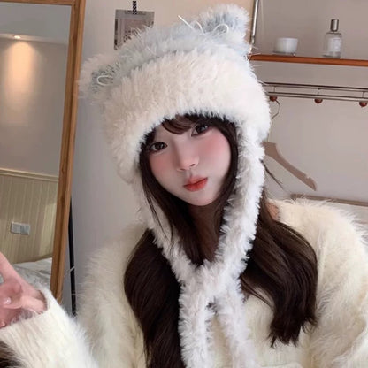 Fuzzy Knitted Ribbon Kitty Hat