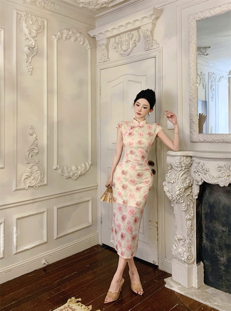 Pink Rose Beige Cheongsam CD020 Long Dress (S)
