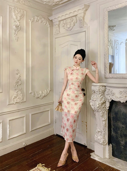 Pink Rose Beige Cheongsam CD020 Long Dress (S)