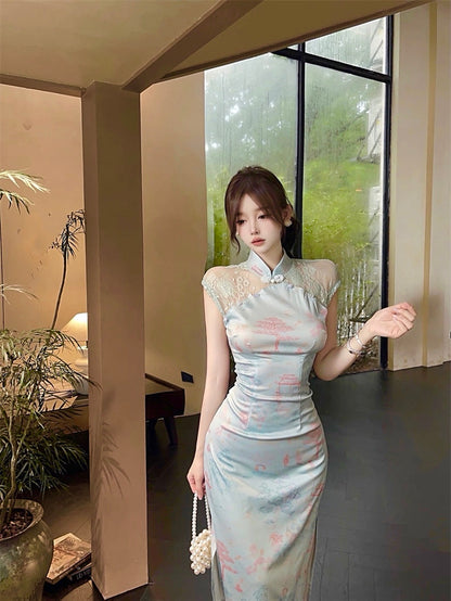Green Lace Collar Cheongsam CD007 Long Dress