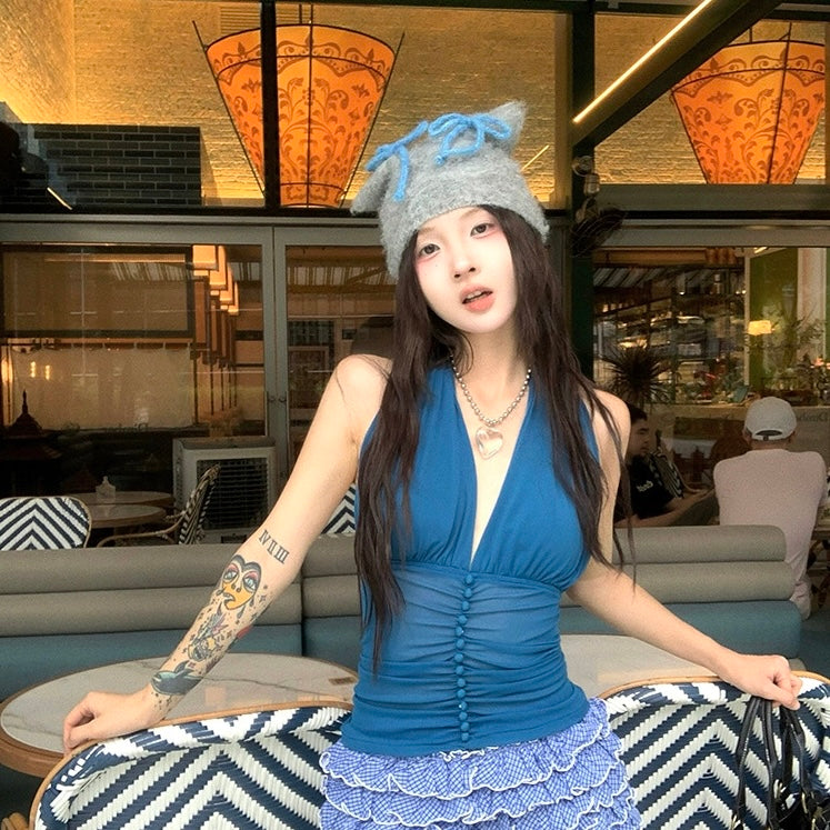 Round Neck V Collar Blue Top