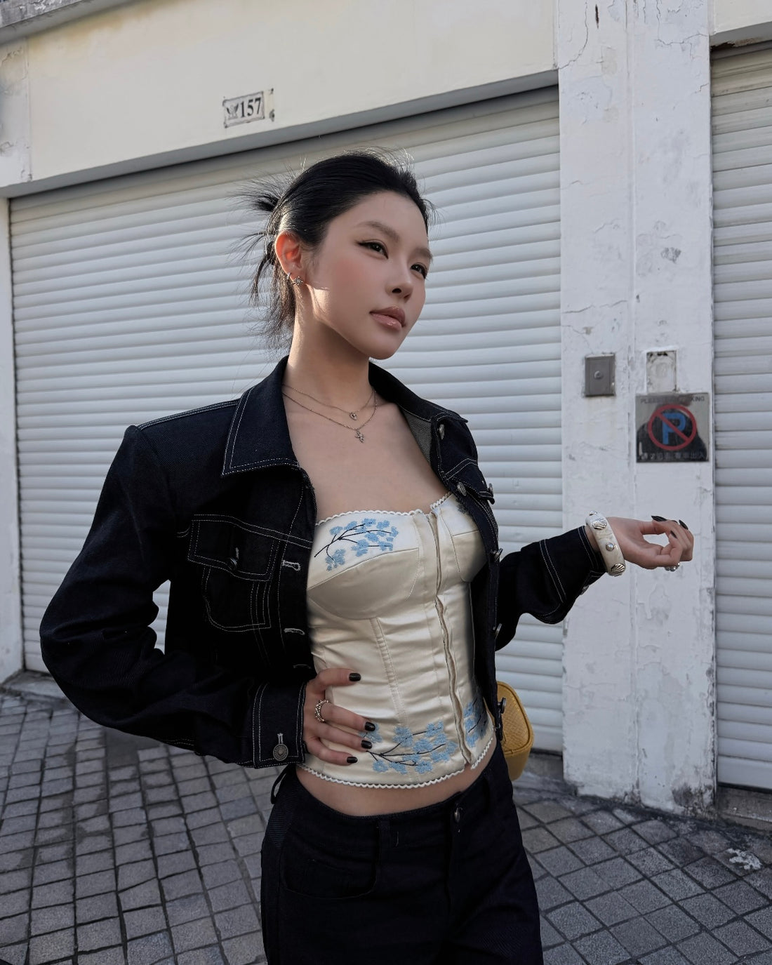 Blue Flo Silk Cream Tube Top