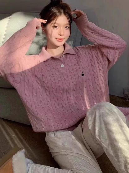 Collar Long Sleeve Cherry Knitted Top (Blue, Pink)