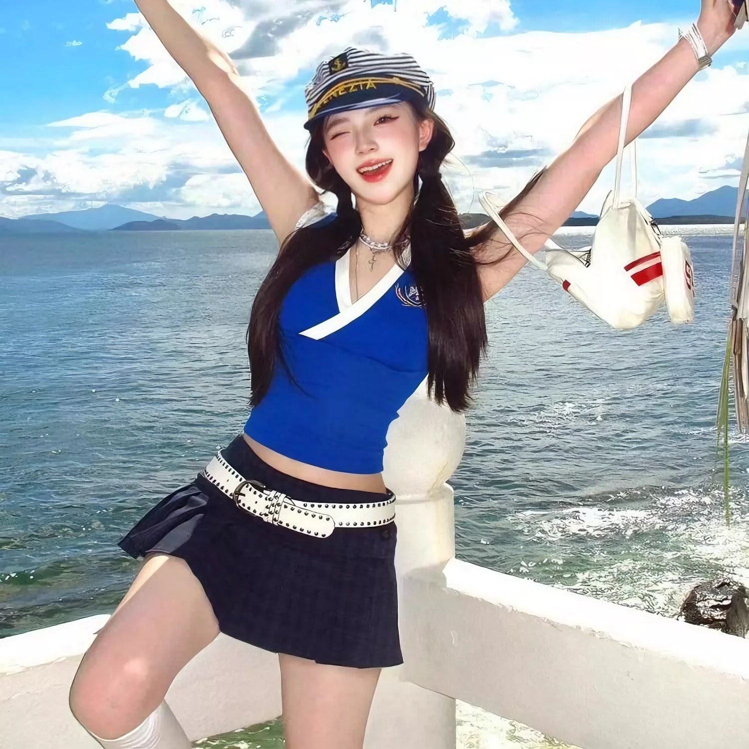 Uni V Collar Top + Skirt Two Piece Set (S, M)