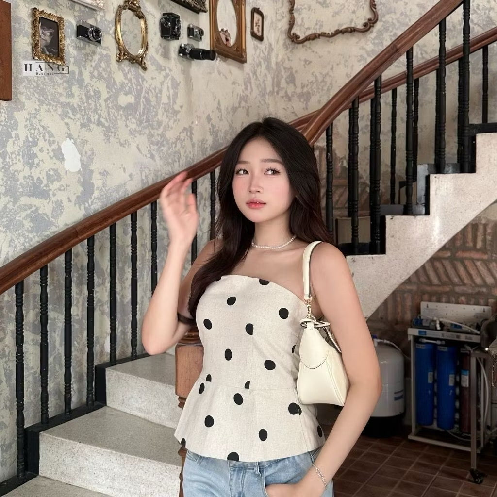 T011 Black Dot Brown Tube Top