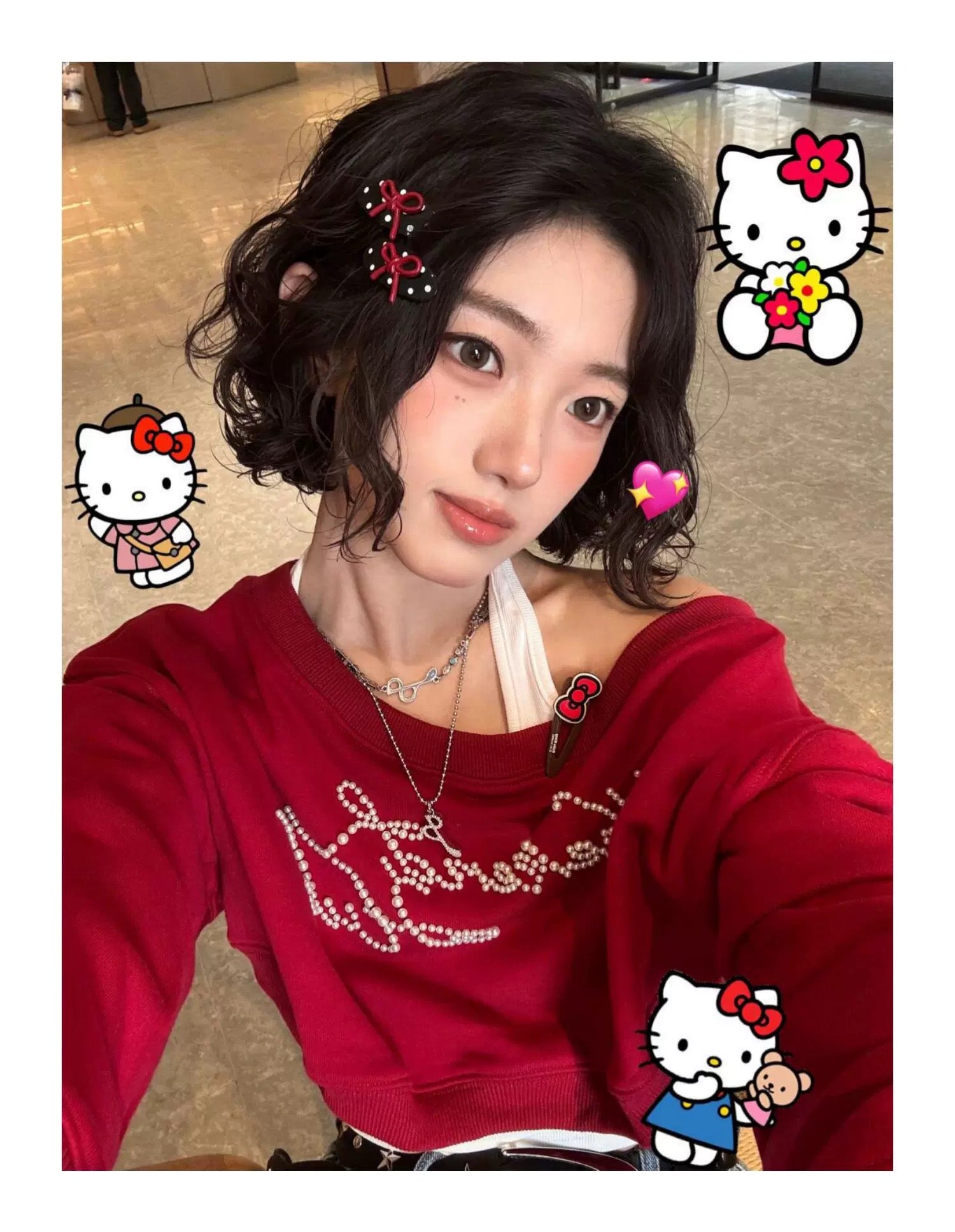 Wine Red Long Sleeve Crop Top+White Inner Top