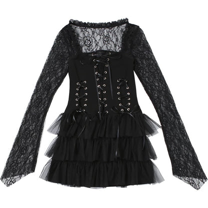 Lacey Square Collar Black Dress (S, M)