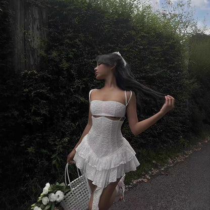 White Embroidery Waist Cut Short Dress (S)