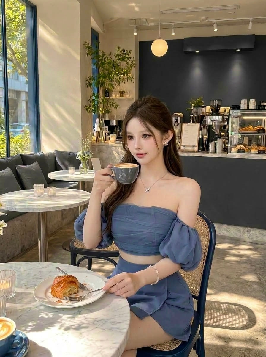 Off Shoulder Crop Top + Skort Two Pieces Set (Blue, Brown)