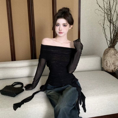 Off Shoulder Long Sleeve Brown Mesh Top