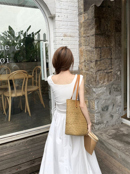 Side Tie Sleeveless White Long Dress