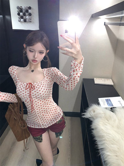 Mesh Red Hearts Long Sleeve Top
