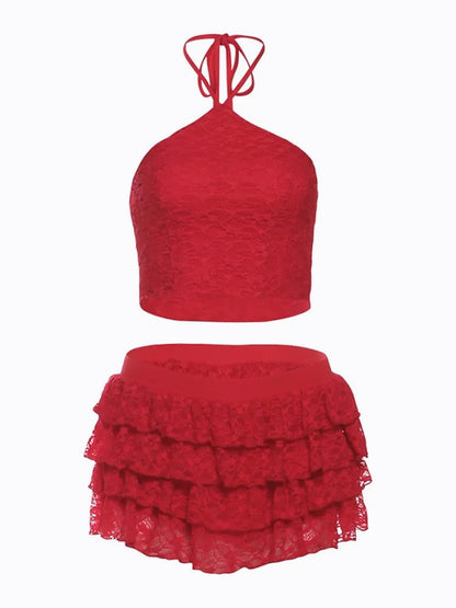 Red Laces Top + Mini Cake Skirt Two Pieces Set