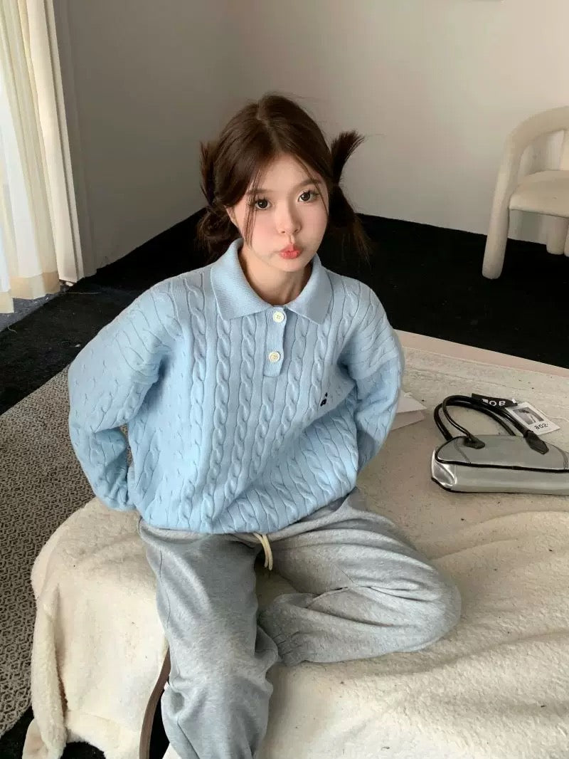 Collar Long Sleeve Cherry Knitted Top (Blue, Pink)