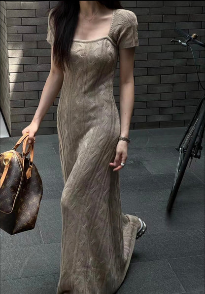 Brown Thick Knitted Maxi Long Dress