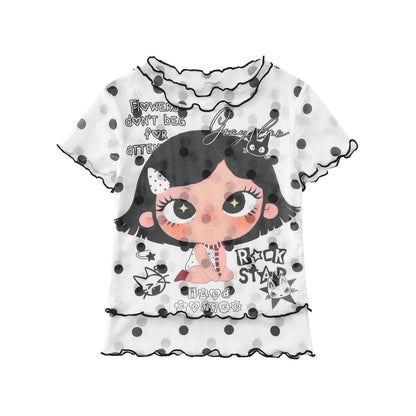 Black Dot White Mesh Top