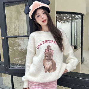 Pink Ribbon Bunny White Knitted Top