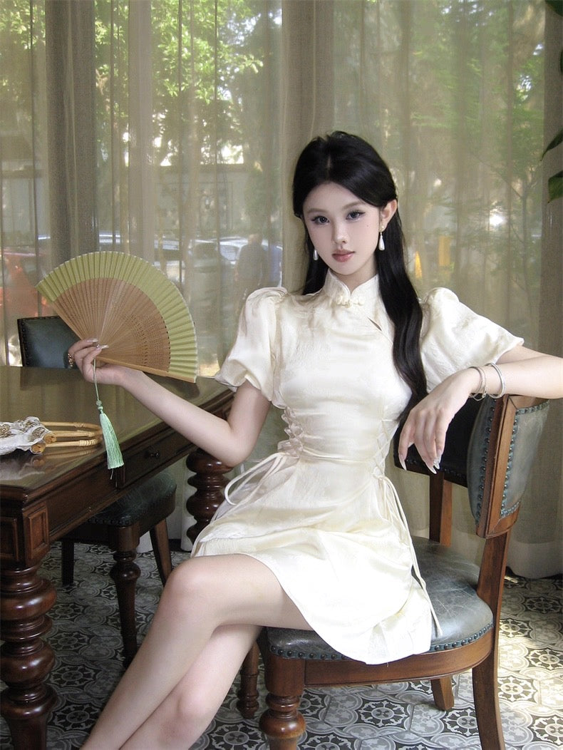 Puff Sleeve Cream Cheongsam CD005 Short Dress (S, M)