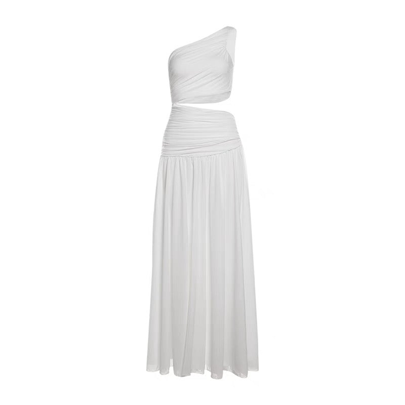 Side Waist Cut Long Dress (White, Red)