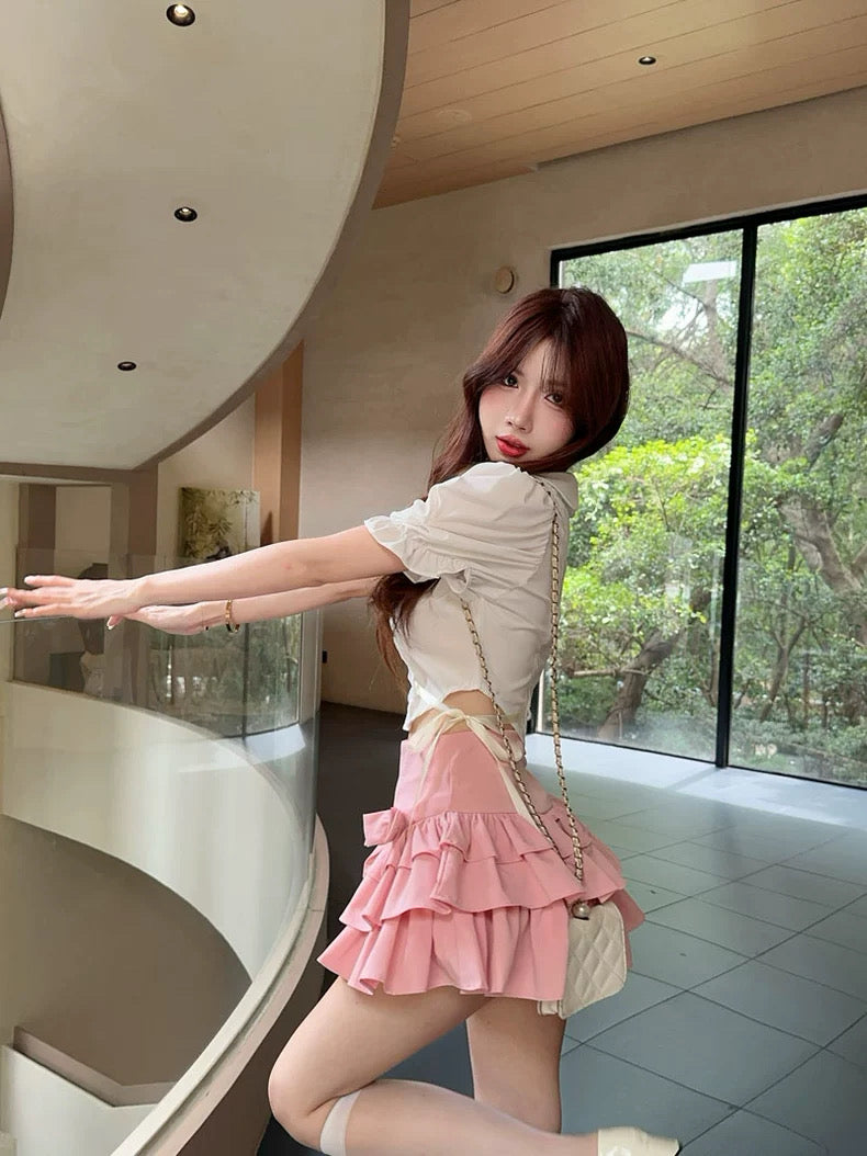 Waist Ribbon Puff Sleeve White Top