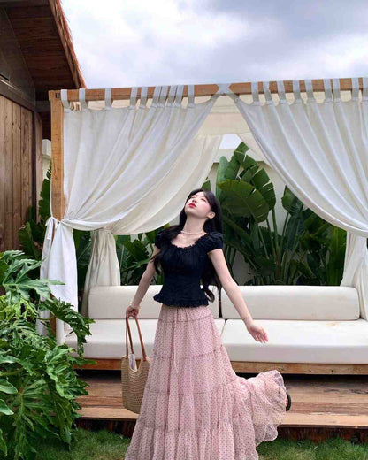 Black Top + Pink Polka Dot Mesh Skirt Two Piece Set