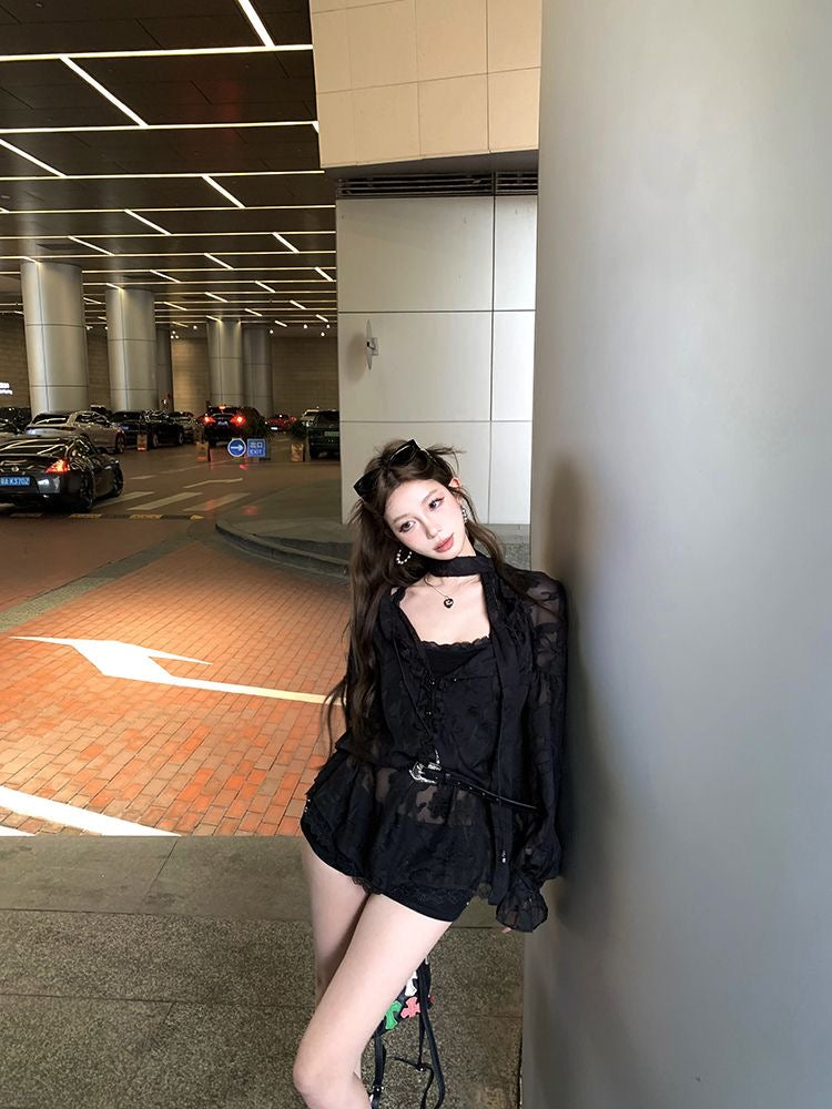 V Collar Lantern Sleeve Thin Top (Black, Red)