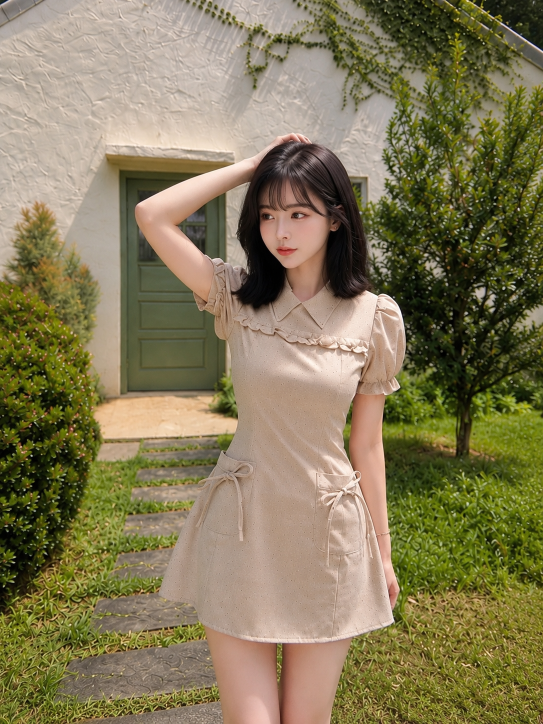 Khaki Puff Sleeve Mini Dot Dress