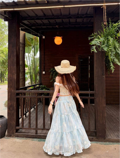 Top + Blue Skirt Two Piece Set