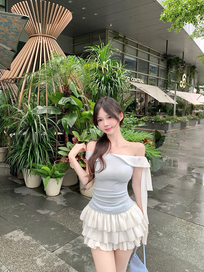 Baby Blue Off Side Shoulder Top