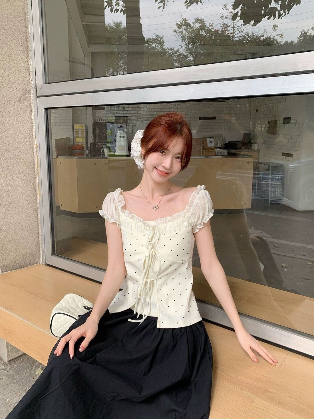 Cream Polka Dot Top With Collar Strap