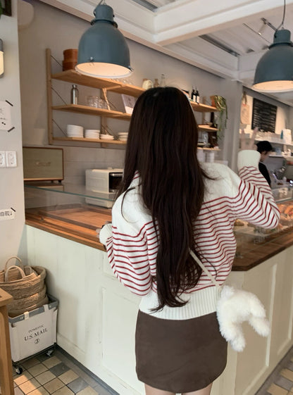 Stripe Long Sleeve Knitted Top (Red, Blue)