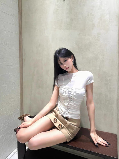 Classic Lace Up Waist Top (White, Grey, Black)