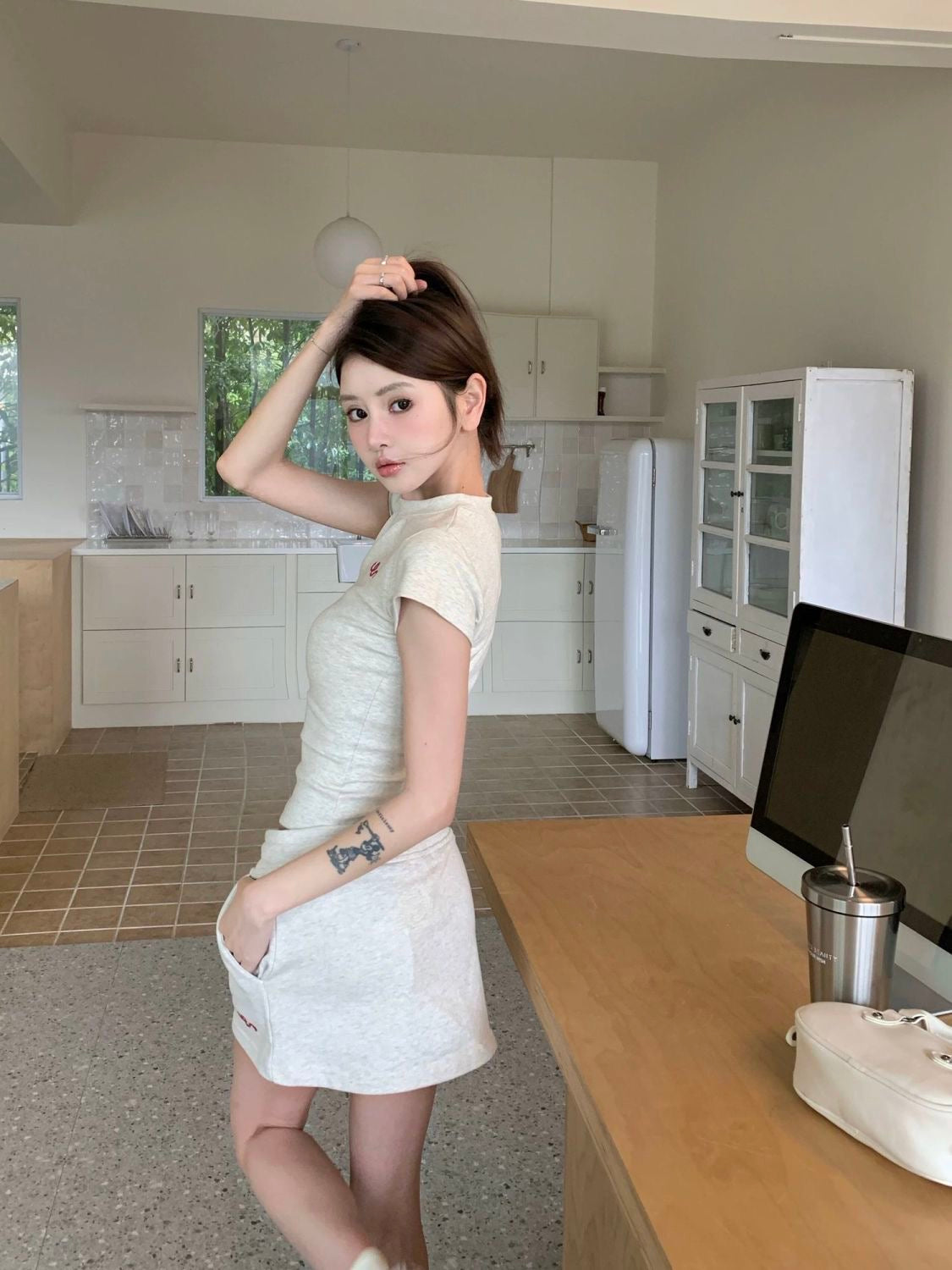 Grey Top + Skirt Two Piece Set