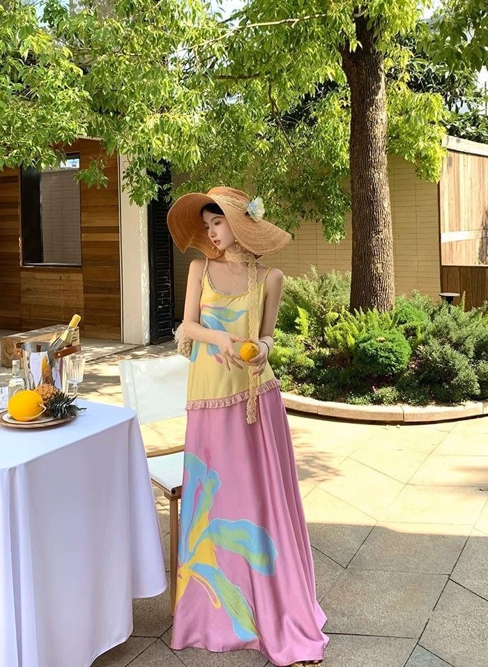 Yellow Pink Strap Long Dress