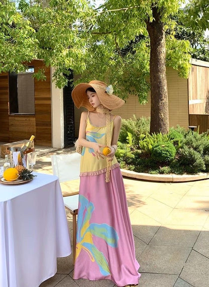Yellow Pink Strap Long Dress