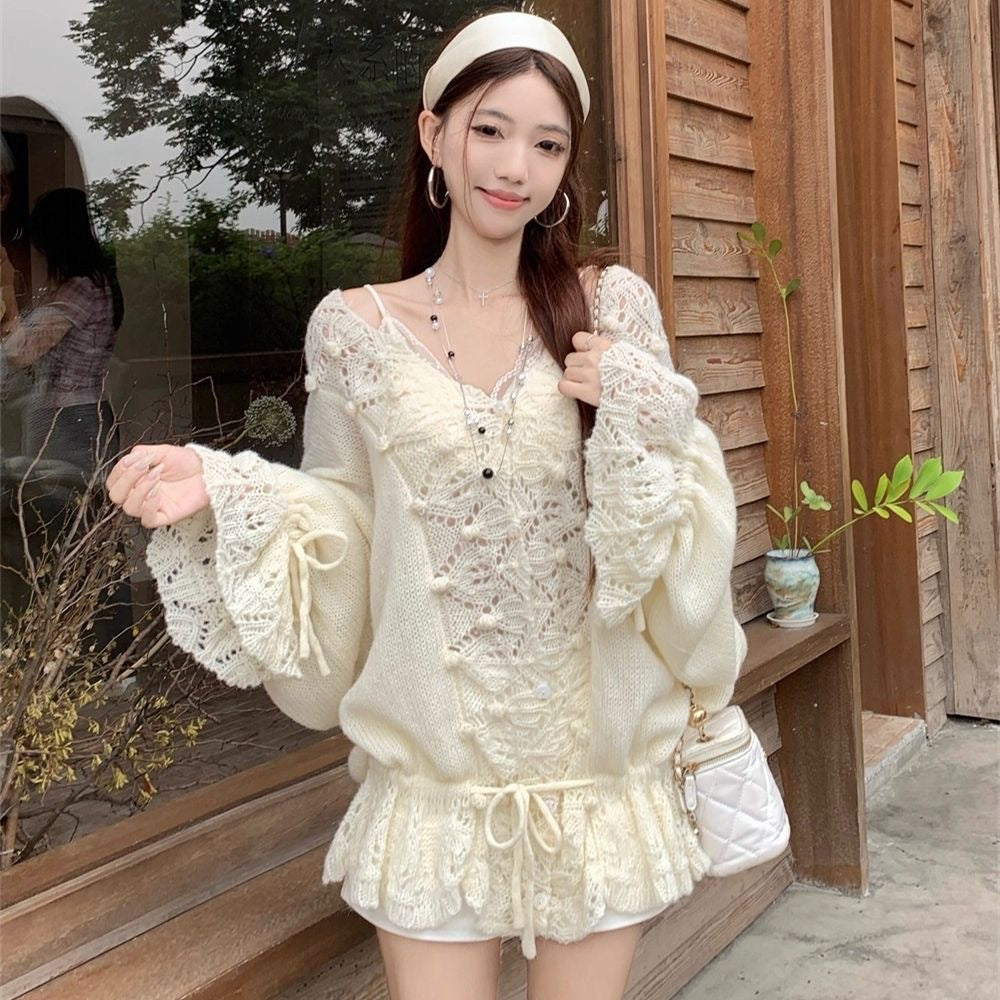 Lantern Sleeve Knitted Cardigan Top