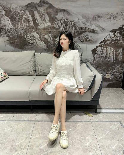 Round Collar Cream Long Sleeve Dress