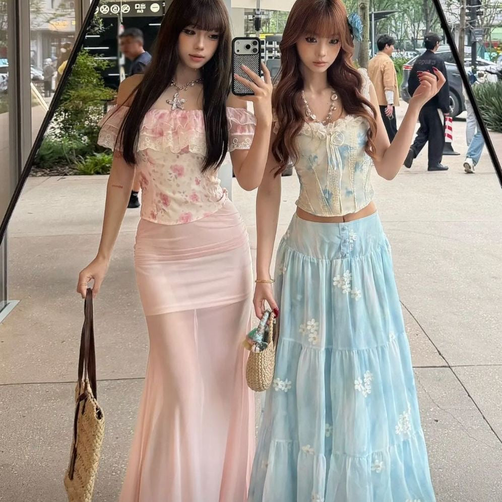 Top + Blue Skirt Two Piece Set