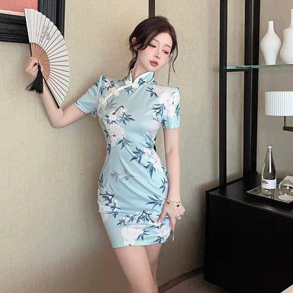 White Flo Blue Cheongsam CD009 Dress (S)