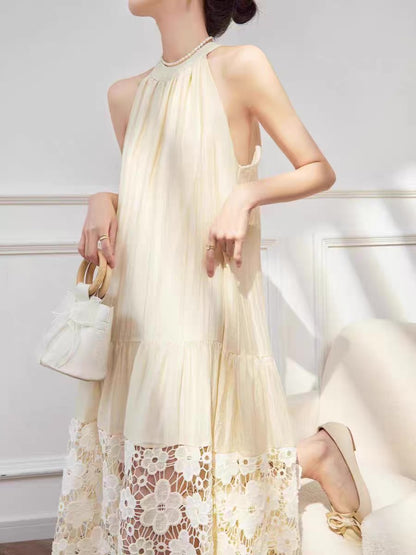 Beige Embroidery Floral Long Dress