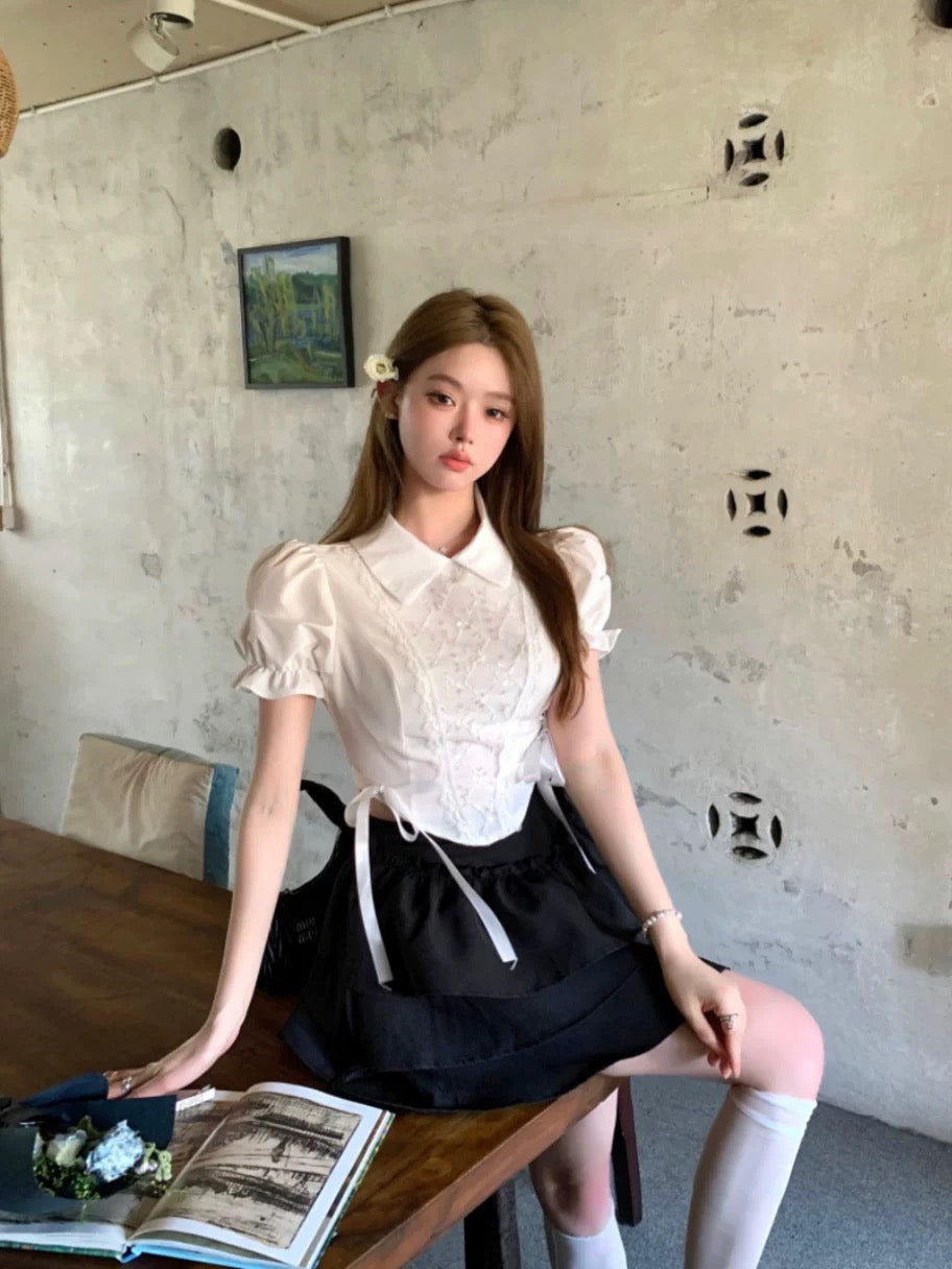 Waist Ribbon Puff Sleeve White Top