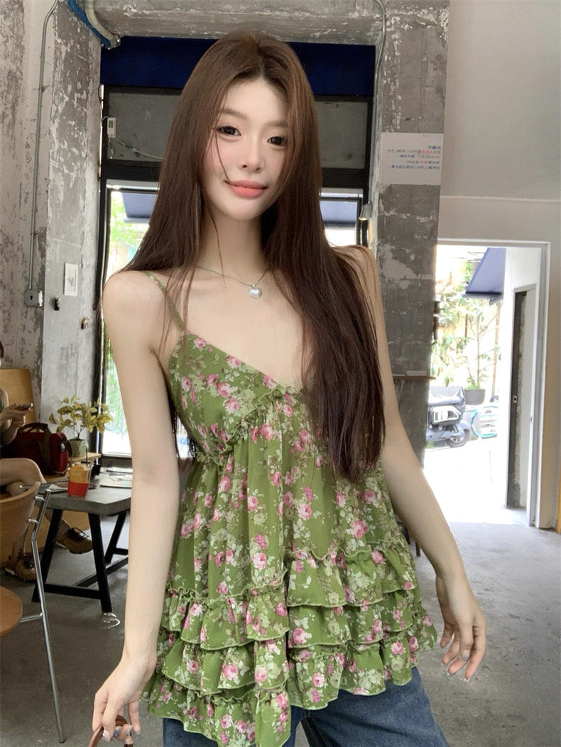 Green V Collar Chiffon Strap Floral Top