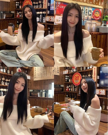 Off Shoulder Cream Long Sleeve Knitted Top