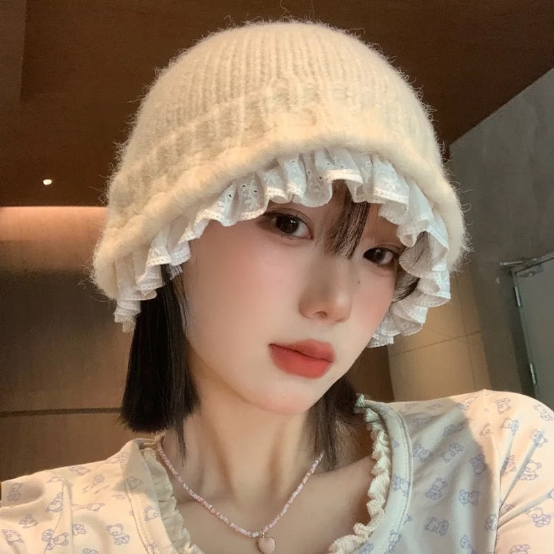 White Lace Mix Knitted Hat