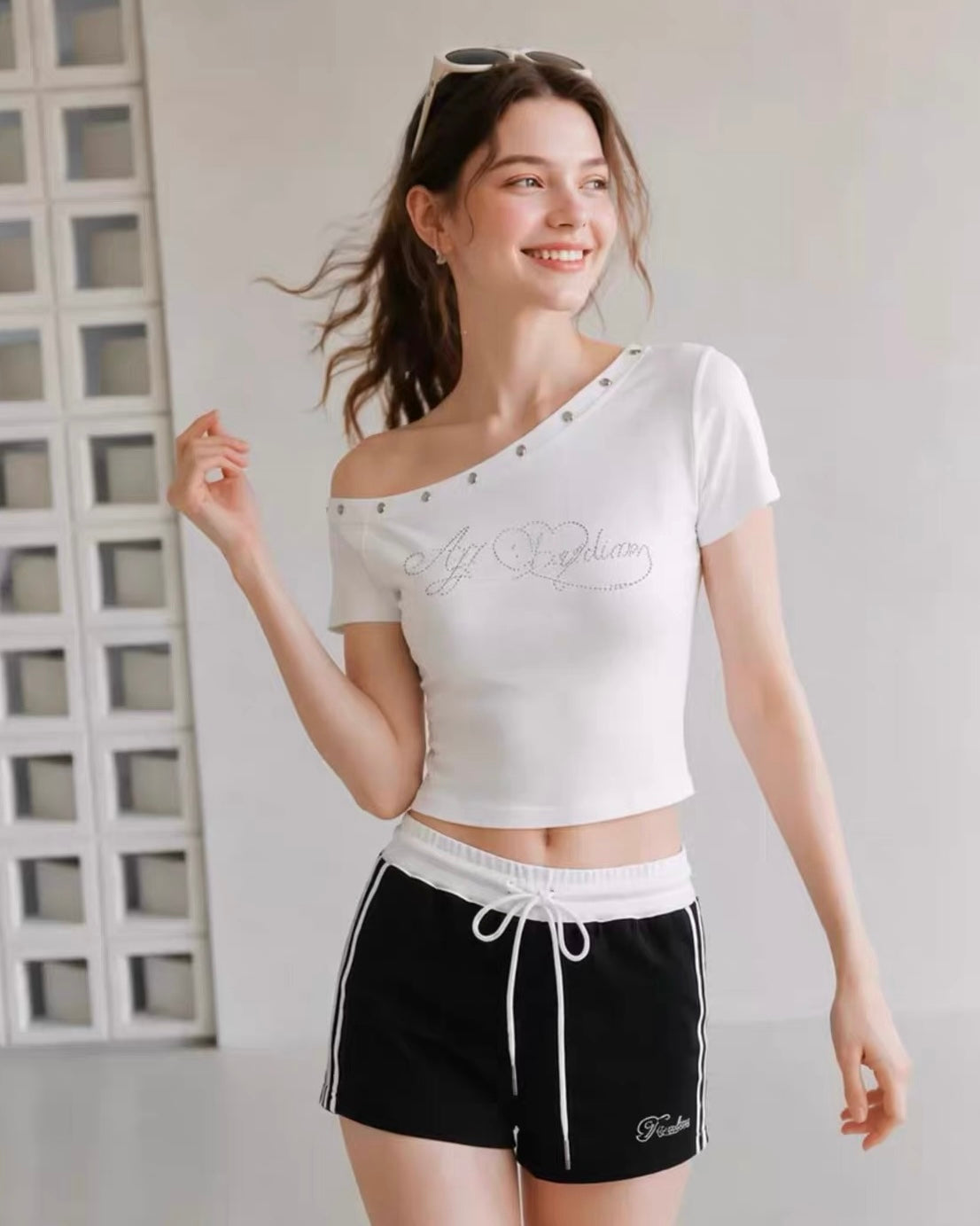 White Off Side Shoulder Diamond Print Top