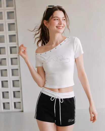 White Off Side Shoulder Diamond Print Top