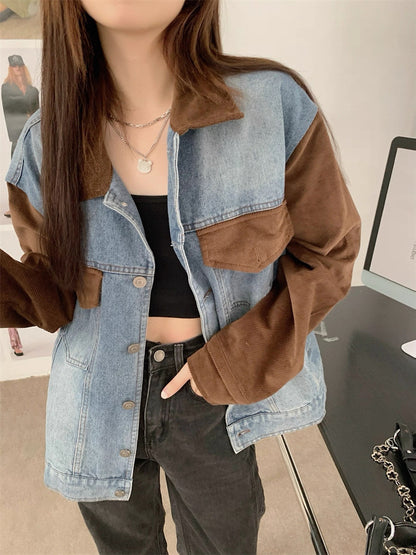 Denim Mix Brown Collar Sleeve Jacket