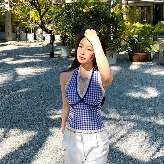 Round Lace V Collar Ginham Top With Pad 胸垫 (Red, Blue)